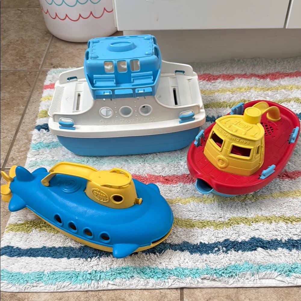 Green Toys: ferry, submarine and tug boat